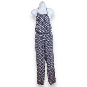 Jaime Halter Top Jogger Jumpsuit Blue and White Geometric Pattern - size XS
